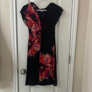 Evan Picone Black Midi Dress with Red and Purple Floral Panels